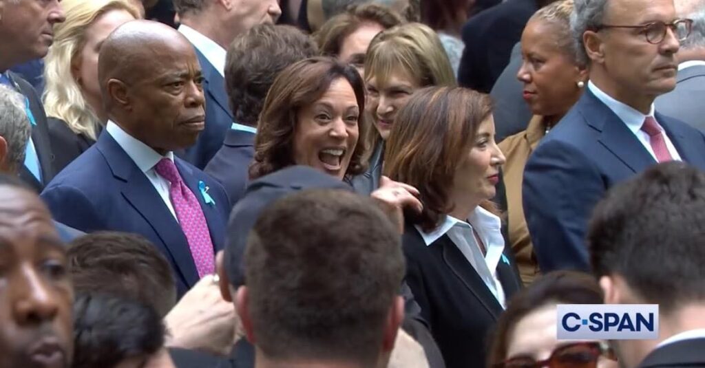kamala-harris-smiles-and-giggles-at-9/11-memorial-ceremony-as-biden-heads-to-alaska-(video)-|-the-gateway-pundit-|-by-cristina-laila