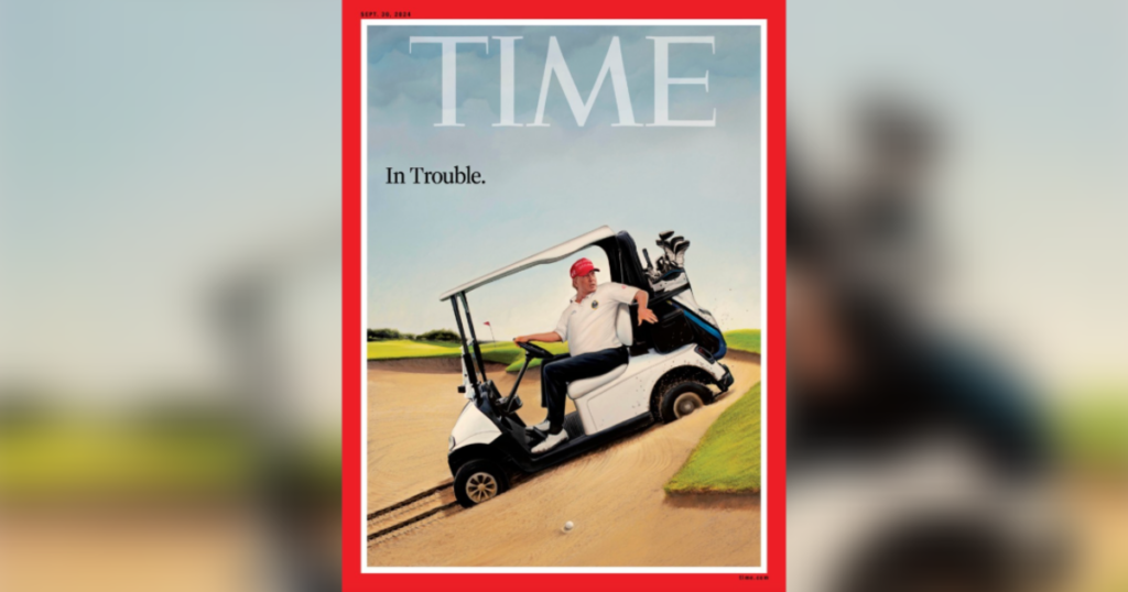 social-media-abuzz-after-time-magazine-features-trump-golf-photo-with-‘in-trouble’-caption-days-before-assassination-attempt