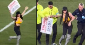 epic!-woman-storms-field-at-steelers-game-with-sign-that-reads-“trump-secure-border–kamala-open-border”-(video)-|-the-gateway-pundit-|-by-jordan-conradson