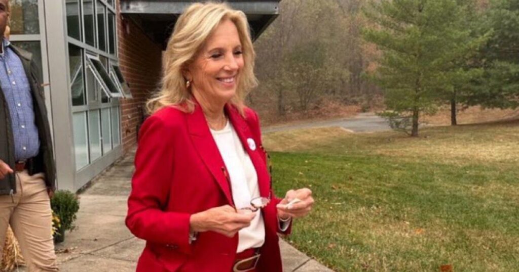 in-huge-f-you-to-kamala-harris,-jill-biden-wears-maga-red-on-election-day!