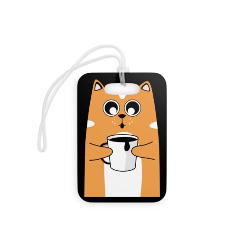 Cat Coffee Luggage Tag — Cute Orange Cat Holding Mug Travel ID Tag