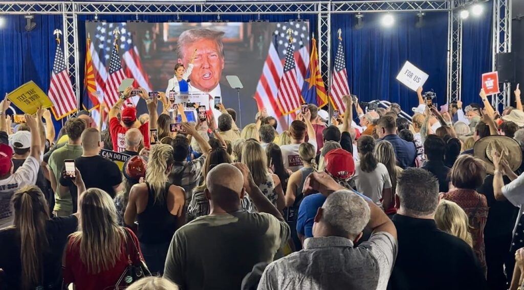 “kari-is-one-of-the-toughest-fighters-in-our-movement”-–-president-trump-makes-unprecedented-endorsement-for-kari-lake-in-video-appearance-during-campaign-announcement-rally-(video)-|-the-gateway-pundit-|-by-jordan-conradson