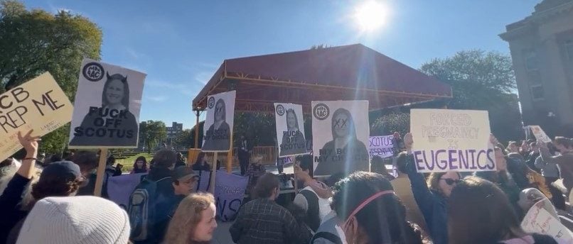 ‘f***-off-scotus’:-hundreds-of-protesters-gather-at-university-where-justice-amy-coney-barrett-delivers-speech