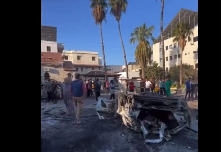 exclusive:-israeli-surveillance-drone-video-of-the-fully-intact-and-undamaged-al-ahli-hospital-in-gaza-after-rocket-hits-parking-lot-–-not-the-hospital