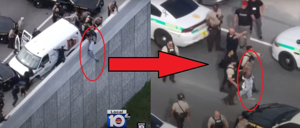 video-shows-vehicle-theft-suspect-hanging-from-overpass-to-escape-police-after-car-chase