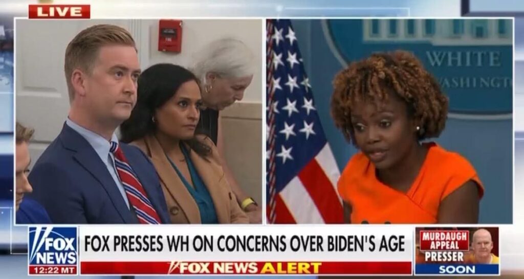 karine-jean-pierre-peeved-after-peter-doocy-asks-why-white-house-staffers-treat-joe-biden-“like-a-baby”-(video)-|-the-gateway-pundit-|-by-cristina-laila